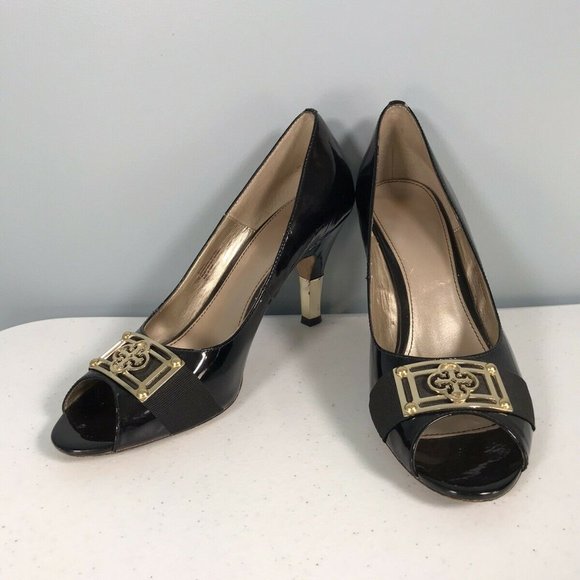 ISOLA Women's Peep Toe Black Patent Leather 3.5" Heels Size 10 Black Gold Trim - Picture 6 of 12